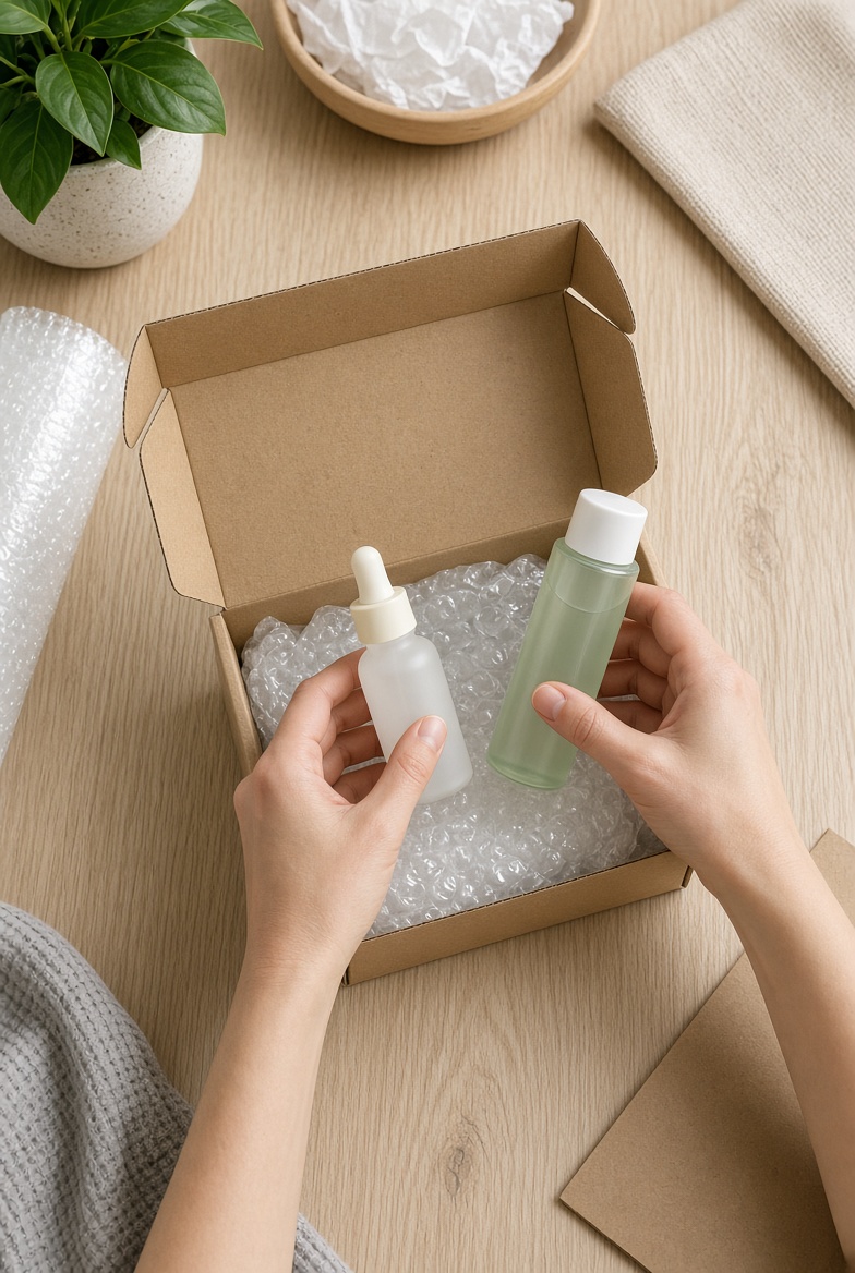 Hands carefully packing K-beauty bottles into a box with bubble wrap