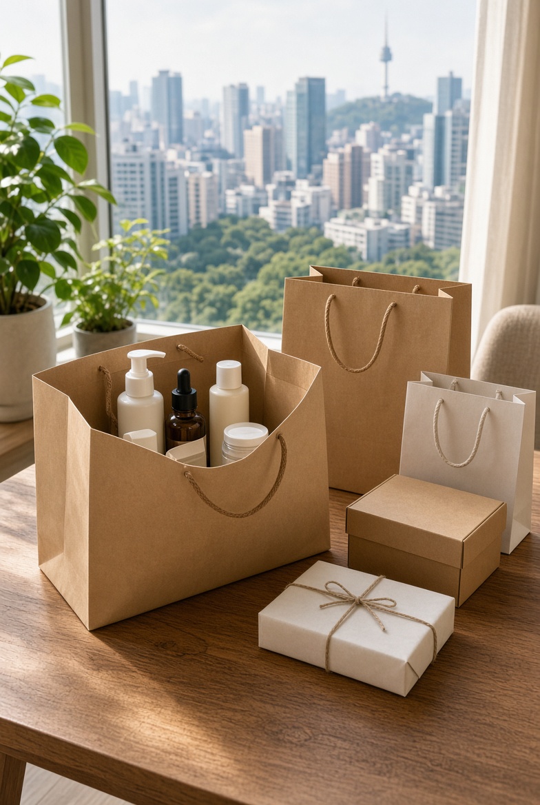 Korean shopping bags and skincare parcels at a Seoul apartment with city view