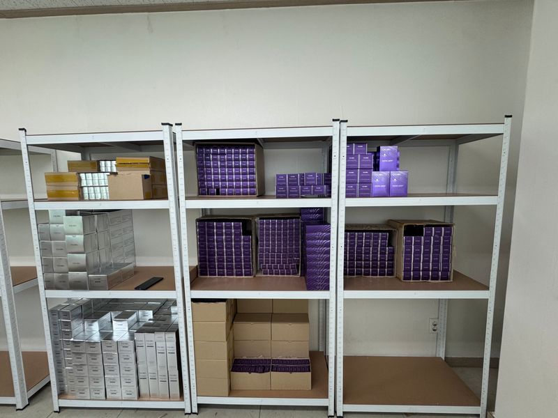 Stocked shelves at the KorExBridge warehouse in Gasan-dong, Seoul